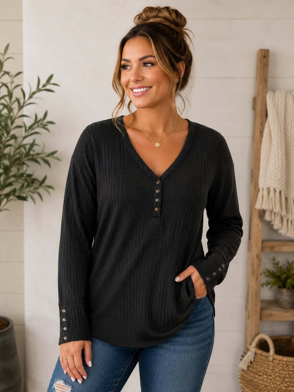 Chaser Women's Black Ribbed Thermal Long Sleeve Henley Top Button Cuff Detail